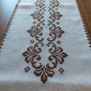 Vintage hand embroidered soft linen + cotton table topper - table mat, Scandinavian vintage cross stitch embroidered table dressing (F8)