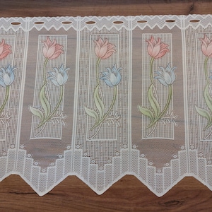 Vintage tulips polyester valance curtain, floral polyester cafe curtain, sheer kitchen curtain, floral kitchen warming (F7)