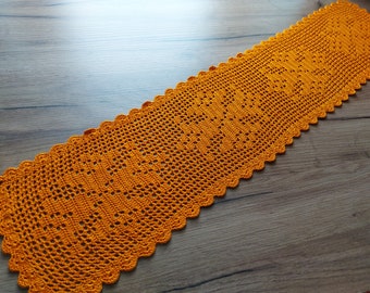 Vintage Handmade orange crochet short table scarf, crochet table decor, crochet doily , orange crochet doily , room warming (F7)