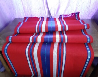 Vintage rojo azul blanco tejida algodón - corredor de mesa de lana, corredor de mesa vintage, topper de mesa, textiles de aderezo de mesa vintage (F-7)