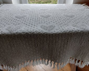 Tovaglia di cotone spesso intrecciata vintage con frange, tovaglia quadrata bianca, copertura da tavolo vintage, tessile per la casa vintage (F8)
