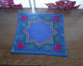 Bordado de punto de cruz vintage Alfombra de mesa de tela de algodón grueso, corazones bordado a mano azul verde alfombra de mesa roja (F-8)