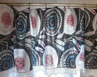 Vintage Boho abstracto algodón impresión escandinavo Valance cortinas con bordes de ganchillo de algodón, cortina de valance rojo blanco azul negro (F-5)