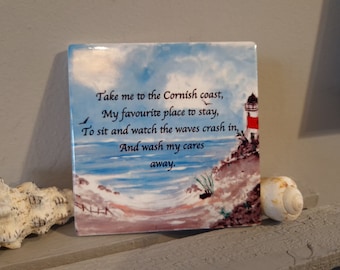 Ceramic Cornish Beach Coaster or Plaque With Original Artwork Handmade In Cornwall
