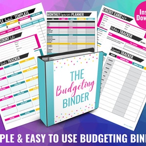 以下が含まれることがあります： カラフルなコンフェッティのドットと「THE Budgeting BINDER」というテキストが書かれた青いバインダー。バインダーには、毎月の支出プランナー、貯蓄トラッカー、クレジットカード情報シート、毎月の目標トラッカーなど、予算作成のための印刷可能なワークシートが含まれています。