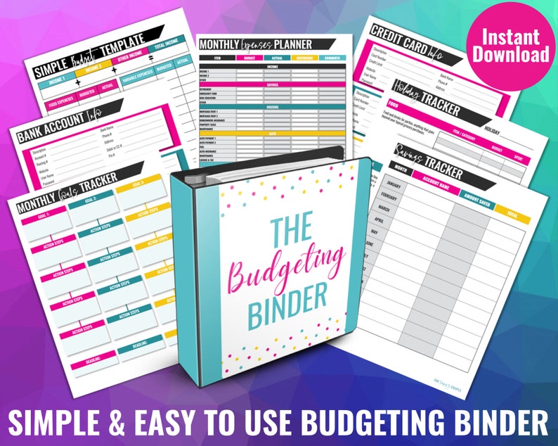 以下が含まれることがあります： カラフルなコンフェッティのドットと「THE Budgeting BINDER」というテキストが書かれた青いバインダー。バインダーには、毎月の支出プランナー、貯蓄トラッカー、クレジットカード情報シート、毎月の目標トラッカーなど、予算作成のための印刷可能なワークシートが含まれています。