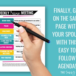May include: A printable weekly marriage meeting agenda with colorful boxes and text that reads "Weekly Marriage Meeting" and "Finally, Get On The Same Page With Your Spouse With This Easy To Follow Agenda! The Savvy Couple".