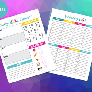 May include: A printable daily meal planner and grocery list. The meal planner includes sections for breakfast, lunch, snack, dinner, water intake, and daily serving. The grocery list is divided into sections for produce, dairy & eggs, meat/poultry, pantry, snacks, frozen, canned goods, and beverages.