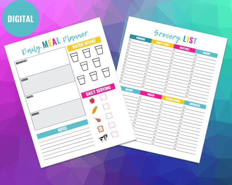 May include: A printable daily meal planner and grocery list. The meal planner includes sections for breakfast, lunch, snack, dinner, water intake, and daily serving. The grocery list is divided into sections for produce, dairy & eggs, meat/poultry, pantry, snacks, frozen, canned goods, and beverages.