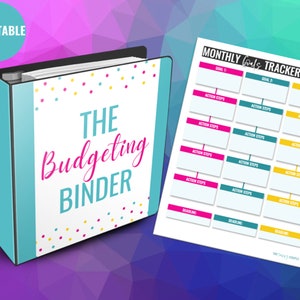 以下が含まれることがあります： カラフルなコンフェッティのドットが付いた、白いラベルに「The Budgeting Binder」と書かれたターコイズブルーのバインダー。目標、行動ステップ、締め切りを記入するための3つの列がある、印刷可能な毎月の目標トラッカーシートです。
