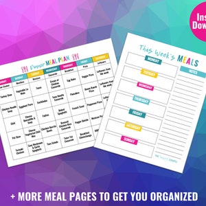 May include: A printable meal planner with a colorful design. The planner includes a weekly meal plan with a list of meals for each day of the week, and a separate section for notes. The text "This Week's Meals" is at the top of the planner.