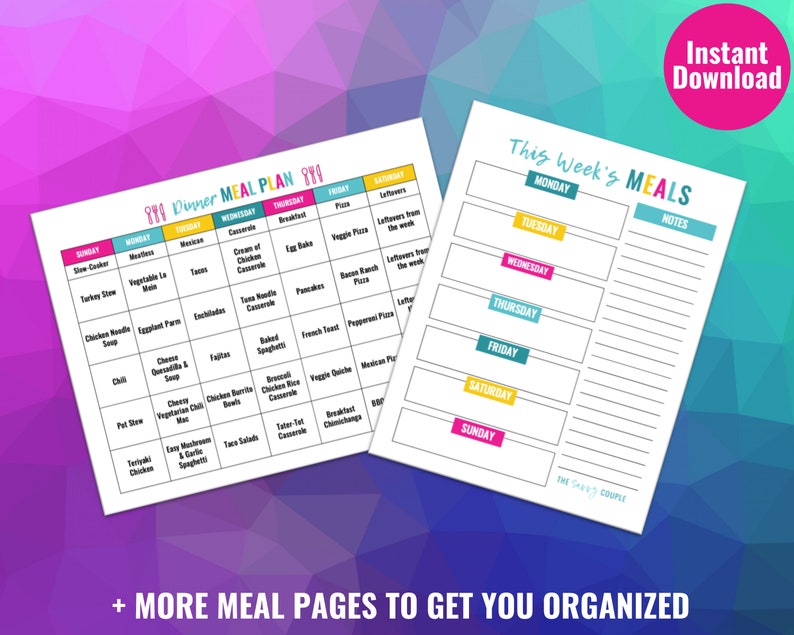 May include: A printable meal planner with a colorful design. The planner includes a weekly meal plan with a list of meals for each day of the week, and a separate section for notes. The text "This Week's Meals" is at the top of the planner.