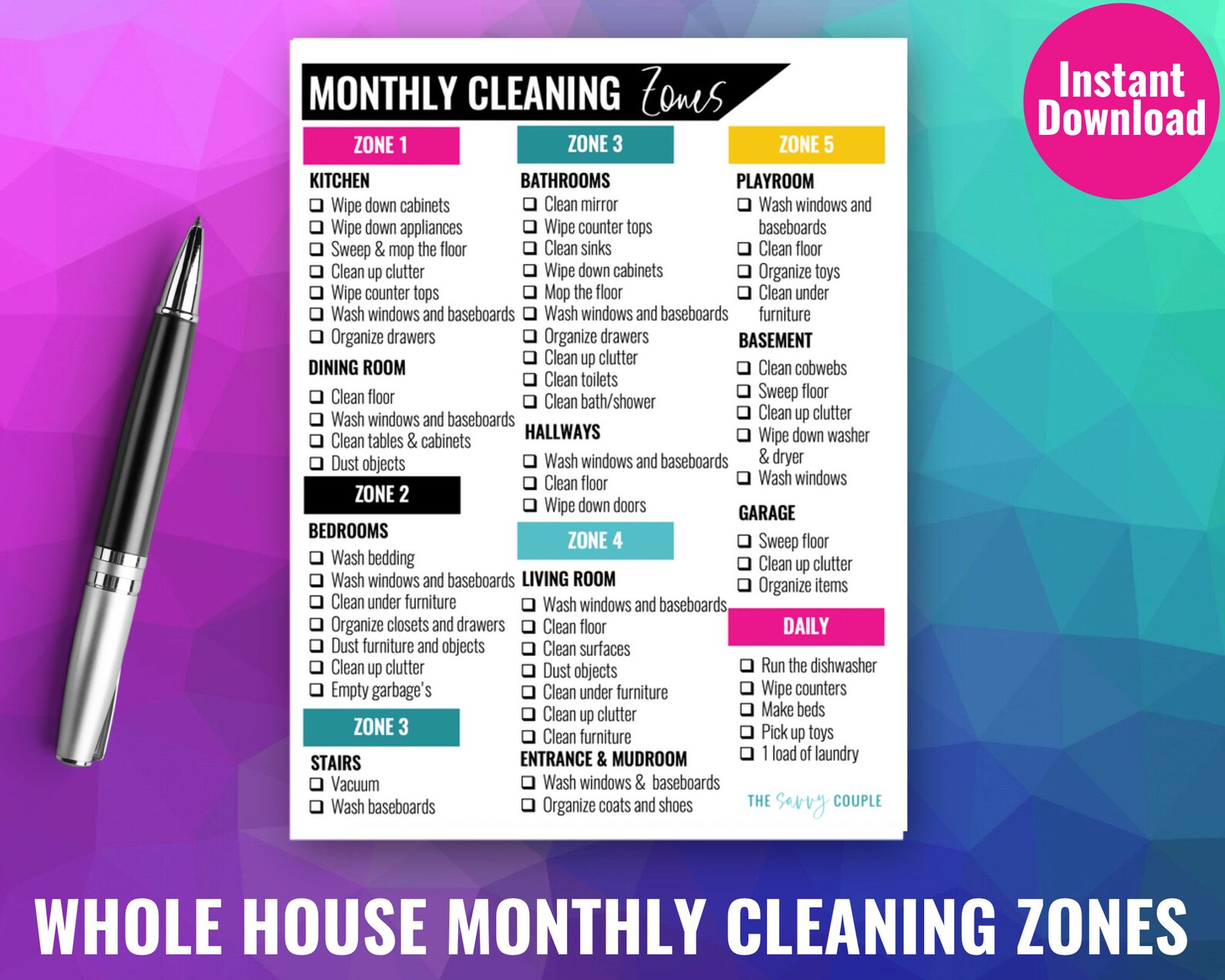 Cleaning Zones Printable Monthly Cleaning Printable Daily Etsy