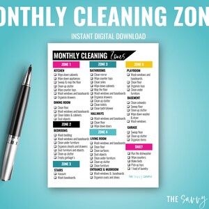 May include: A printable checklist for monthly cleaning zones, divided into five zones: Kitchen, Bathrooms, Bedrooms, Living Room, and Playroom. Each zone has a list of cleaning tasks, such as wiping down cabinets, sweeping floors, and dusting objects. The checklist also includes a section for daily tasks, such as running the dishwasher and making beds.