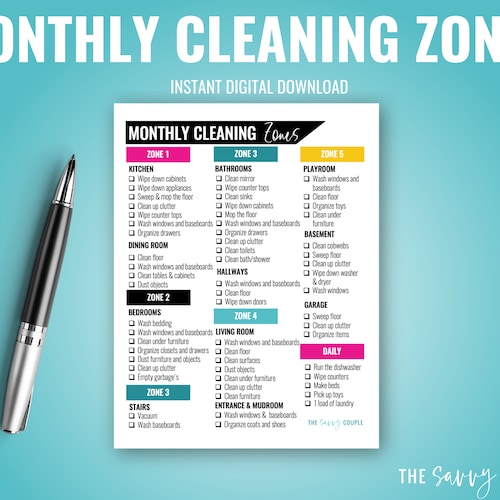 Cleaning Zones Printable Monthly Cleaning Printable Daily - Etsy