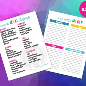 May include: A printable meal planner with a pink, blue, and yellow color scheme. The planner is divided into sections for breakfast, lunch, dinner, and snacks or dessert. The planner includes a list of themed meal ideas, such as meatless, Mexican, and casserole.