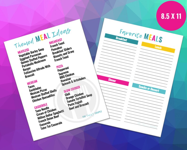 May include: A printable meal planner with a pink, blue, and yellow color scheme. The planner is divided into sections for breakfast, lunch, dinner, and snacks or dessert. The planner includes a list of themed meal ideas, such as meatless, Mexican, and casserole.
