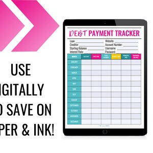 May include: A digital debt payment tracker on a tablet screen. The tracker has columns for month, due date, total payment, interest paid, principal paid, and remaining balance. The tracker is designed to help people track their debt payments and stay on track with their financial goals.