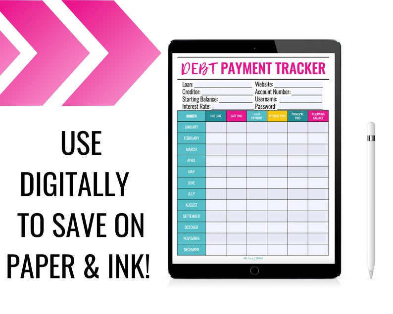 May include: A digital debt payment tracker on a tablet screen. The tracker has columns for month, due date, total payment, interest paid, principal paid, and remaining balance. The tracker is designed to help people track their debt payments and stay on track with their financial goals.