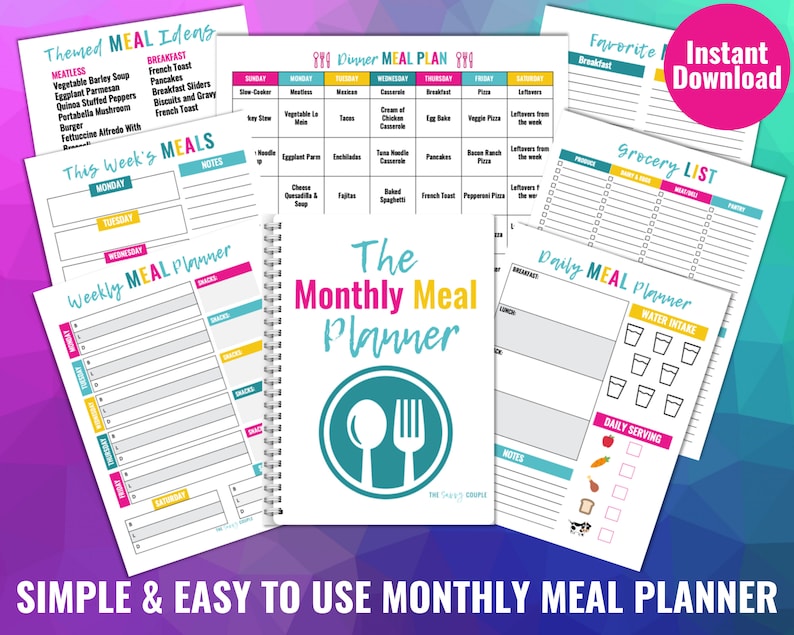 May include: A printable meal planner with a bright pink, yellow, and blue color scheme. The planner includes a weekly meal planner, a monthly meal planner, a daily meal planner, and a grocery list. The planner is designed to help people plan their meals and track their food intake.