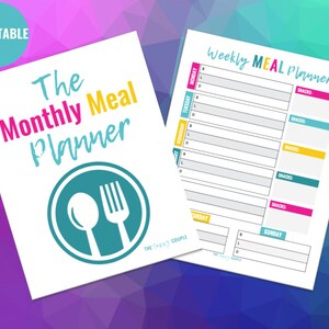 May include: Printable monthly and weekly meal planner templates. The monthly planner features a teal circle with a white spoon and fork. The weekly planner has a blank grid for each day of the week with space for breakfast, lunch, dinner, and snacks.