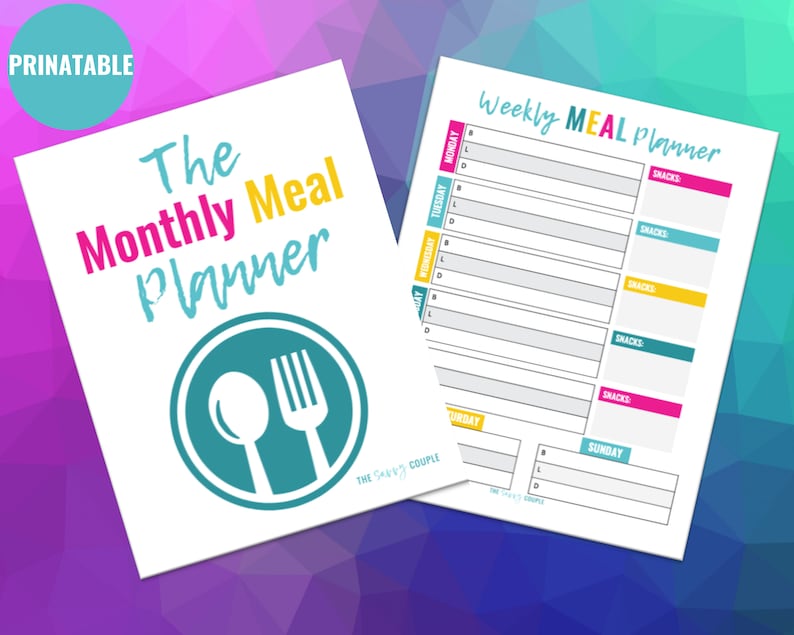 May include: Printable monthly and weekly meal planner templates. The monthly planner features a teal circle with a white spoon and fork. The weekly planner has a blank grid for each day of the week with space for breakfast, lunch, dinner, and snacks.