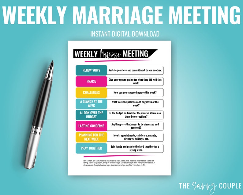 May include: A printable worksheet with a pink, yellow, and blue color scheme. The worksheet is titled "Weekly Marriage Meeting" and includes a list of topics to discuss with your spouse, such as renewing vows, praise, challenges, a glance at the week, a look over the budget, lasting concerns, planning for the next week, and praying together.