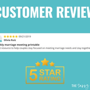 May include: A customer review for a printable weekly marriage meeting resource. The review is five stars and includes the text "Weekly marriage meeting printable. Great resource to help couples stay focused on meeting marriage needs and stay together." The review is from Olivia Ruiz and is dated 09/21/2019.