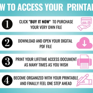 May include: A turquoise blue background with four white boxes containing black numbers 1 through 4. Each box has a pink icon and text describing how to access a printable document. The text includes "BUY IT NOW", "DOWNLOAD", "PRINT", and "ORGANIZED".