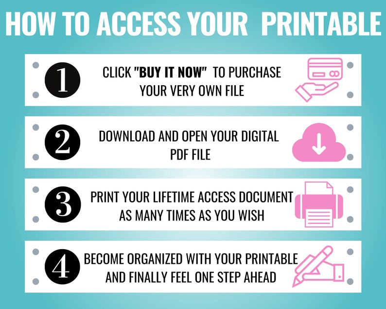 May include: A turquoise blue background with four white boxes containing black numbers 1 through 4. Each box has a pink icon and text describing how to access a printable document. The text includes "BUY IT NOW", "DOWNLOAD", "PRINT", and "ORGANIZED".