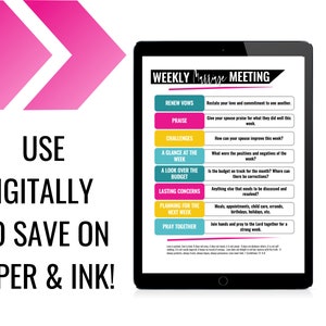 May include: A digital printable weekly marriage meeting planner with a colorful design. The planner includes sections for renewing vows, praise, challenges, a glance at the week, a look over the budget, lasting concerns, planning for the next week, and praying together.