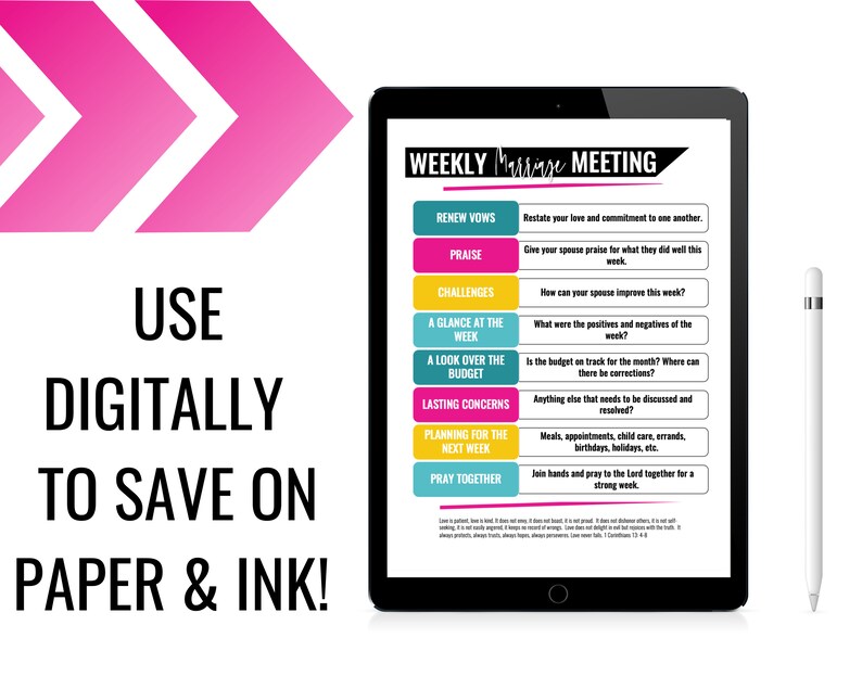 May include: A digital printable weekly marriage meeting planner with a colorful design. The planner includes sections for renewing vows, praise, challenges, a glance at the week, a look over the budget, lasting concerns, planning for the next week, and praying together.