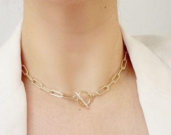 18k Gold Filled Paper Clip Link Toggle Necklace/ Toggle Paper Clip Chain/ 15mmx5mm Large Gold Link Chain Necklace/ Toggle Clasp Necklace