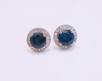 Blue Sapphire Round CZ Halo Stud Earrings/ September Birthstone Stud Earrings/ 925 Sterling Silver