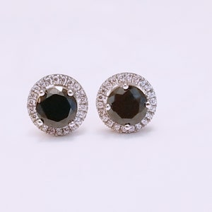 Black onyx Round CZ Halo Stud Earrings/ Black onyx Earrings/ Round Black Diamond Earrings/ Birthstone Earrings/ 925 Sterling Silver