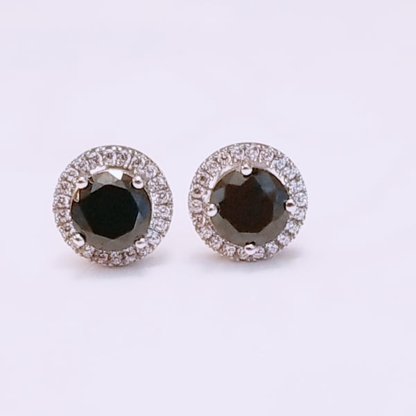 Black onyx Round CZ Halo Stud Earrings/ Black onyx Earrings/ Round Black Diamond Earrings/ Birthstone Earrings/ 925 Sterling Silver