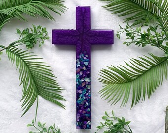 Purple Lovers Crucifix | Wall Cross | Resin Cross | Mother's Day Gift | Religious Decor | Christian Gift | Christian Home Decor | Shells