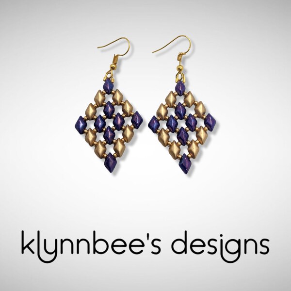 Purple and Gold Hand-Beaded Diamond Shaped Earrings