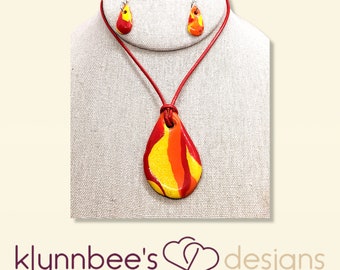 Red, Orange, and Yellow Flame Necklace and Earrings Set