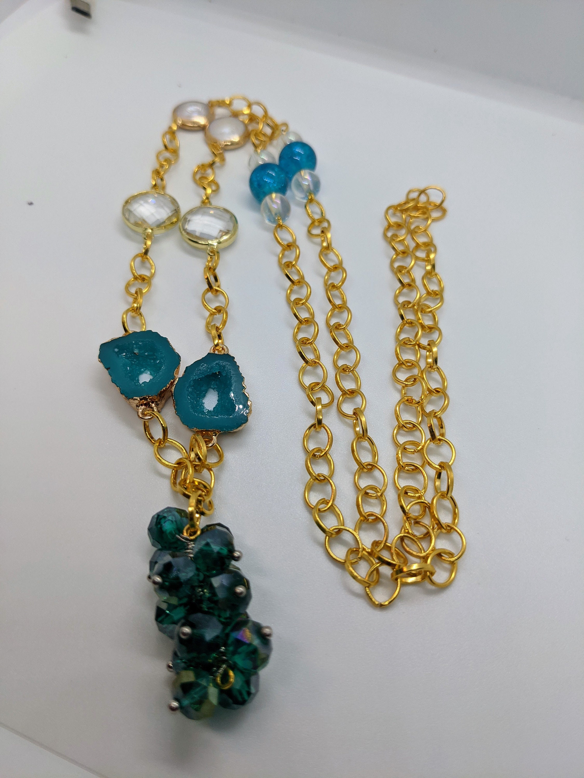 Long Chain Necklace With Teal and Other Embellishments With - Etsy