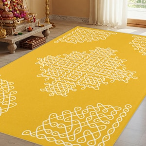 Rangoli mat yellow Area Rug, pooja decoration kolam mat,  mandir mat, Haldi decor, pooja backdrop, Diwali, decor, indian backdrop rug