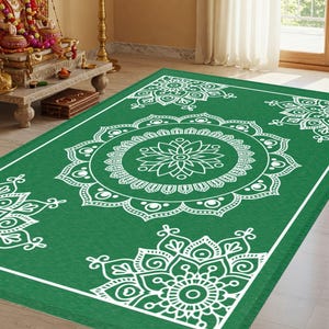 pooja decoration, Rangoli mat green Area Rug, mandala mandir mat, pooja backdrop,  Diwali decor, Haldi decor, indian wedding decor rug