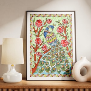 Madhubani painting print || peacock painting || Indian painting || Madhubani peacock || peacock wall decor