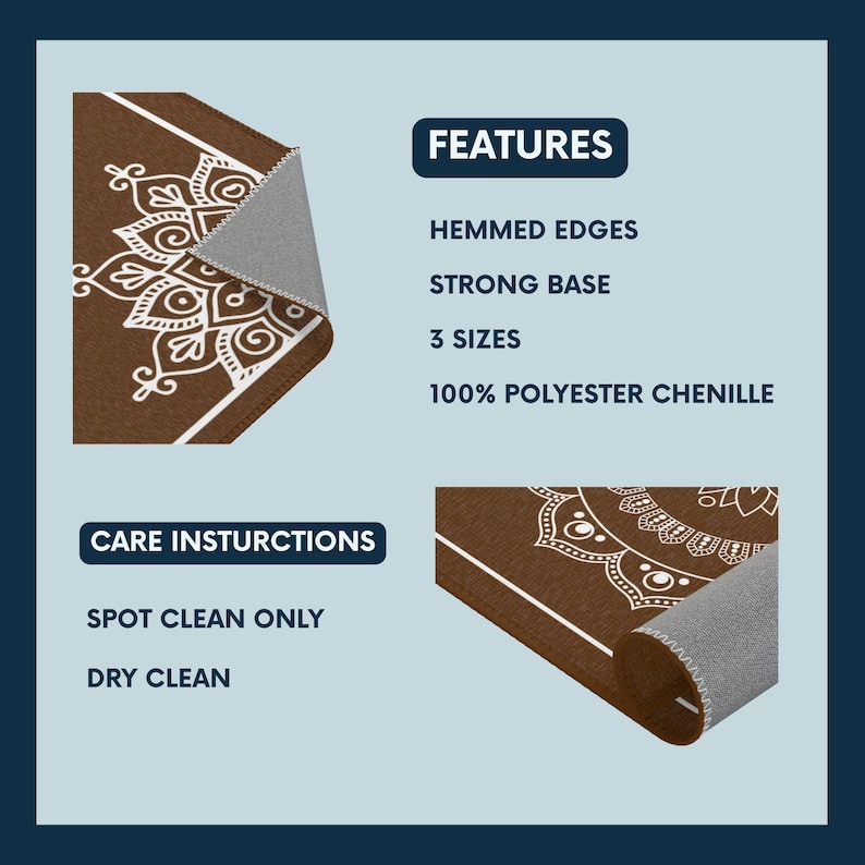 May include: A brown and white mandala patterned rug with a gray backing. The rug has a hemmed edge and is made of 100% polyester chenille. Care instructions: spot clean only, dry clean.
