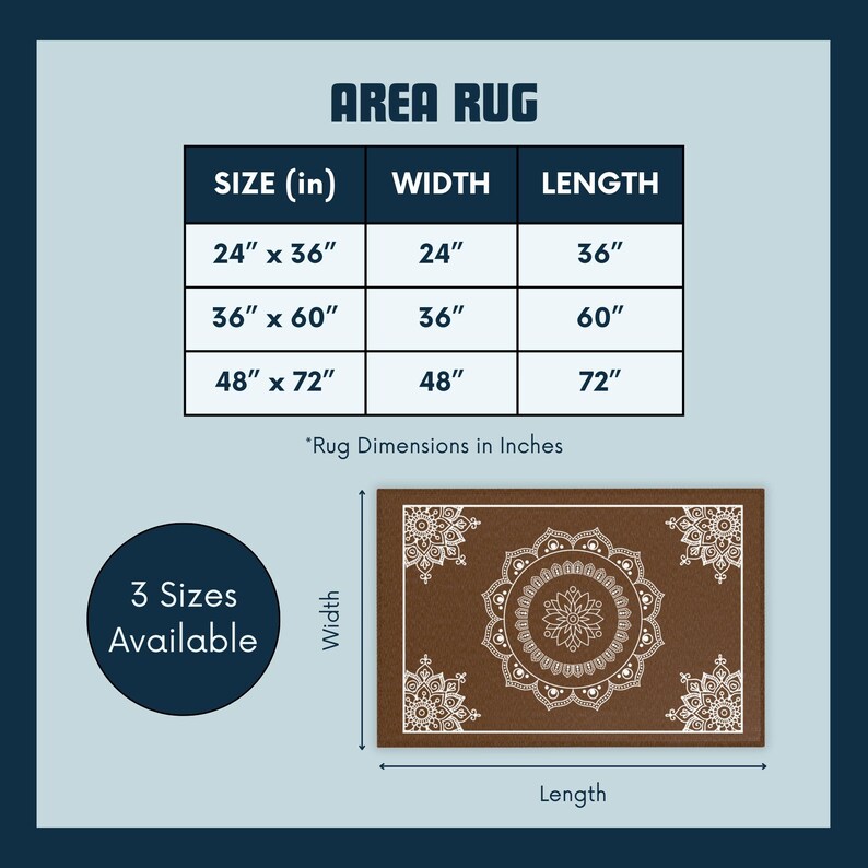 May include: A brown area rug with a white mandala design. The rug is available in three sizes: 24 inches by 36 inches, 36 inches by 60 inches, and 48 inches by 72 inches.