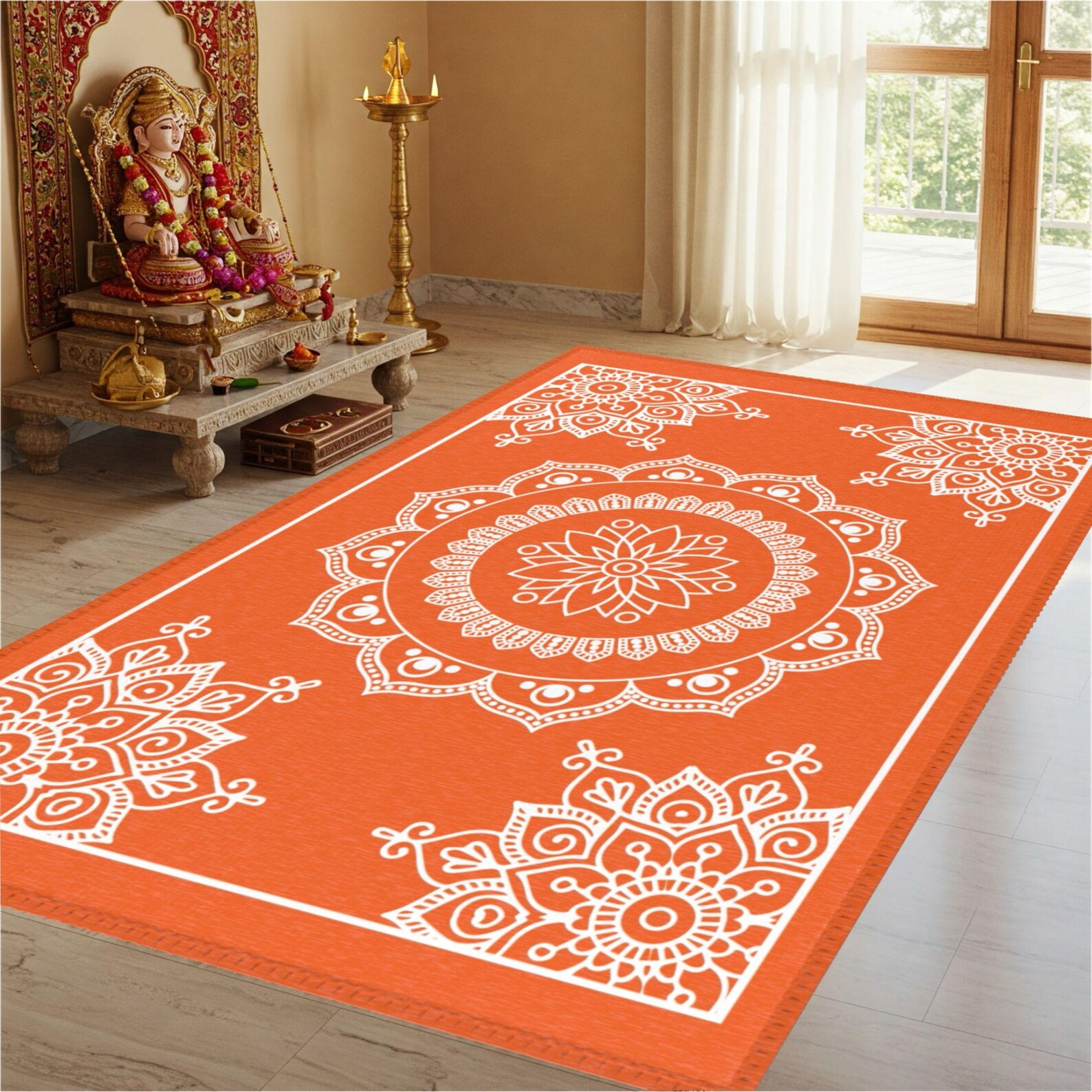 Pooja Decoration, Rangoli Mat Orange Area Rug, Mandala Mandir Mat ...