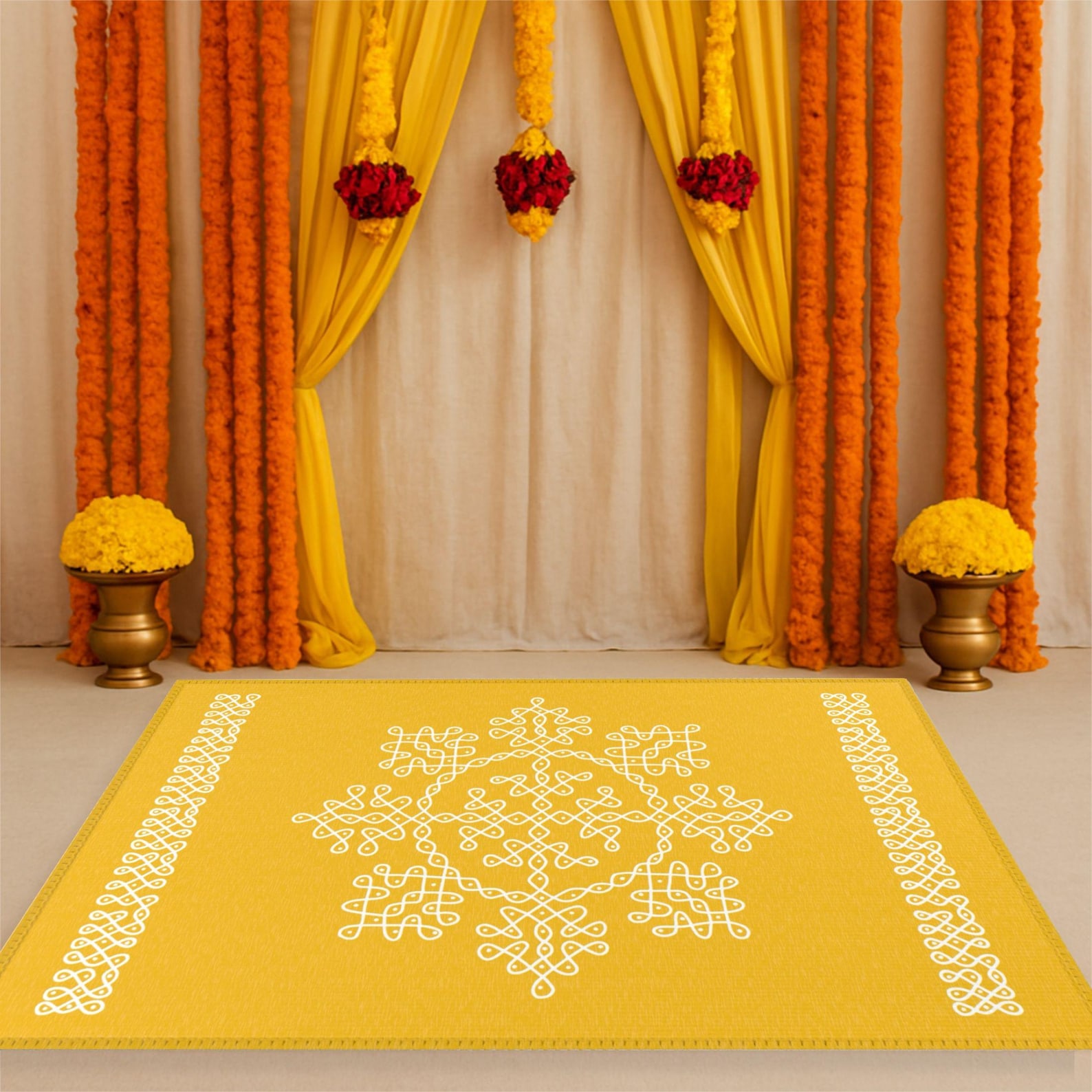 Cloth Rangoli Pooja Decoration, Rangoli Mat Yellow Area Rug, Haldi Decor, Mandir Mat ...