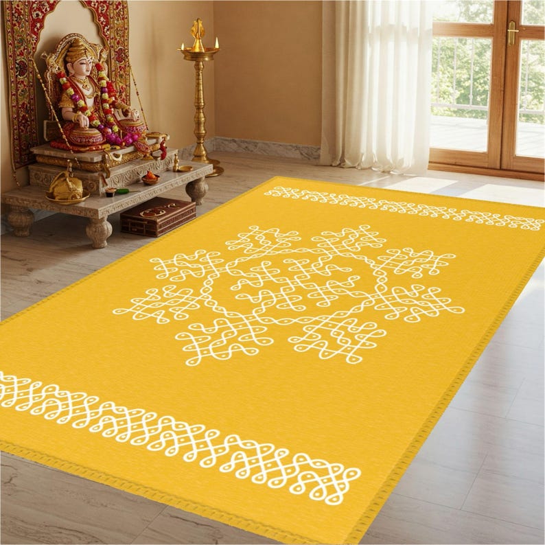 Pooja Decoration, Rangoli Mat Yellow Area Rug, Haldi Decor, Mandir Mat ...