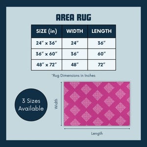 May include: A chart showing three sizes of area rugs with their corresponding width and length measurements in inches. The rug is pink with a white diamond pattern. The text "3 Sizes Available" is also included in the image.