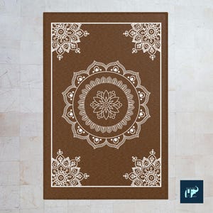 May include: A brown rectangular rug with a white mandala design. The mandala has a flower in the center and is surrounded by circles and dots.